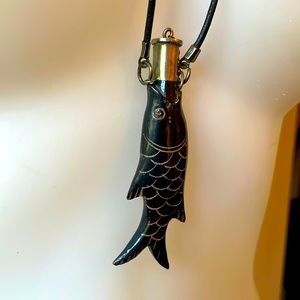 Vintage wood carved fish necklace with secret compartment